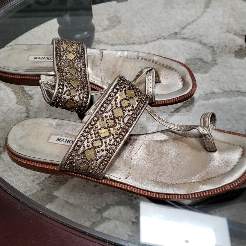 Manolo Blahnik size 381/2 gold beaded sandals